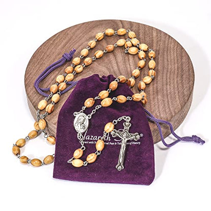 Nazareth Store Catholic Prayer Rosary Olive Wood Beads Necklace Holy Soil Medal & Metal Cross Velvet Gift Bag