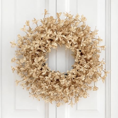 24 Inch Fall Wreaths for Front Door, Beige Forsythia Autumn Wreath - color: Beige