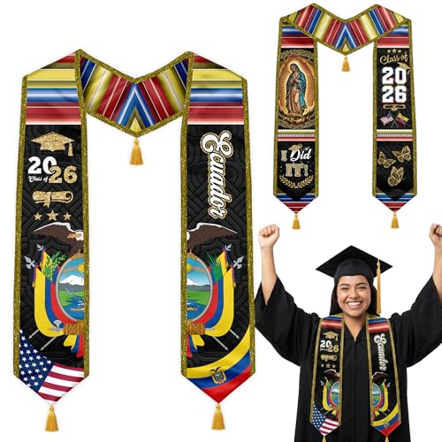 Graduation Stole Class of 2026 Reversible Sash with Gold Glitter Trim and Tassels V-Neck 72 Inch Satin - color: Ecuador & America
