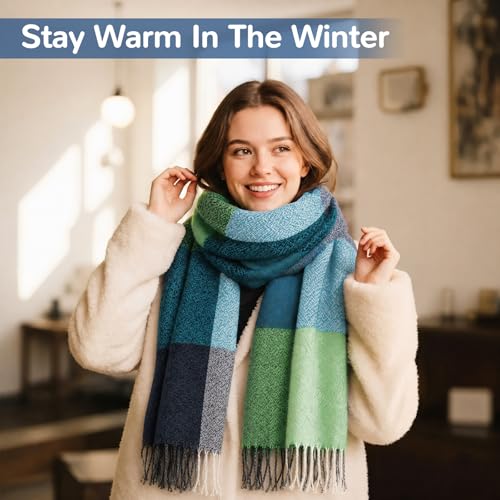 Loritta Winter Scarf for Women, Long Plaid Shawl Wraps Scarves Gifts - color: J-green Water Blue Plaid