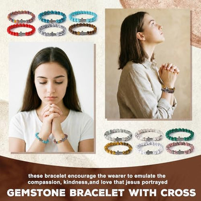 Huquary 24 Pcs Cross Beaded Bracelets, 8mm Christian Stone - color: multiple colors