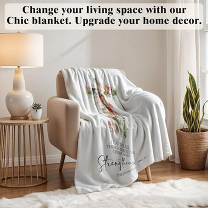 I Can Do All Things Through Christian Blanket, Floral Cross Religious Throw Blanket, Christian Gifts for Women Faith, Bible Verse Blanket for Bedroom Living Room Couch Sofa, 50x60 Inches - color: Cross