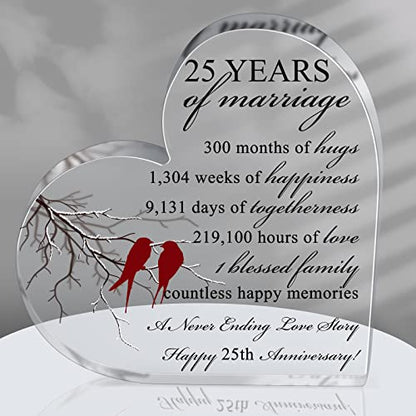 Qunclay 25th Years of Marriage Gift Wedding Anniversary Souvenir Heart Marriage Keepsake Decoration Present for Couple Parent Women Mom Husband Wife He She Friend Grandparents - style: 25th