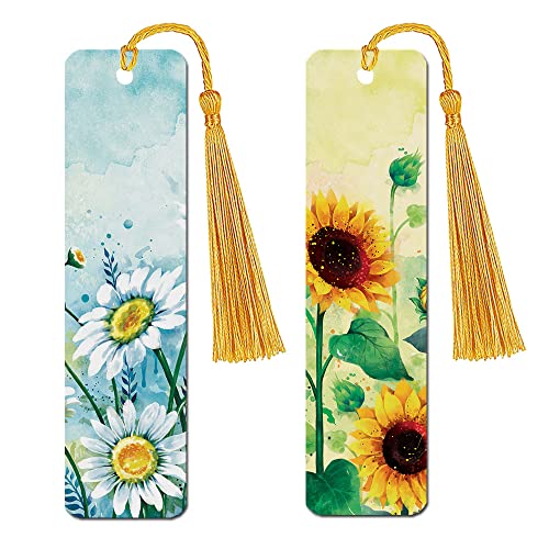 WIRESTER Set of 2 Metal Bookmarks with Light Gold Tassel for Students, Reader, Teachers, Book Lovers - Daisies Flowers, Sunflowers Flowers - color: Daisies Flowers, Sunflowers Flowers