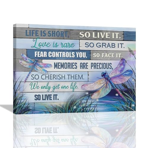 Blue Dragonfly Wall Art Gift for Girl Women Life is Short Motivational Quotes Dragonfly Pictures Wall Decor Canvas Prints Framed Modern Inspirational Painting Artwork for Home Bedroom 16"x12" - color: Dragonfly-1, size: 16"L x 12"W