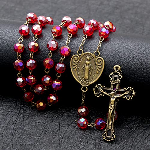 KOMI Rosary Beads Catholic for Women Gemstone Rosary Beads Necklace with Crucifix Cross Crystal Pearl Rosary Rosarios Catolicos Catholic Gifts - style: 8mm Red Crystal Beads