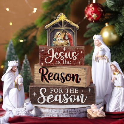 Moucuny 4 Pcs Christmas Table Decor Christian Nativity Scene Wooden Blocks - style: Jesus is the Reason of This Season