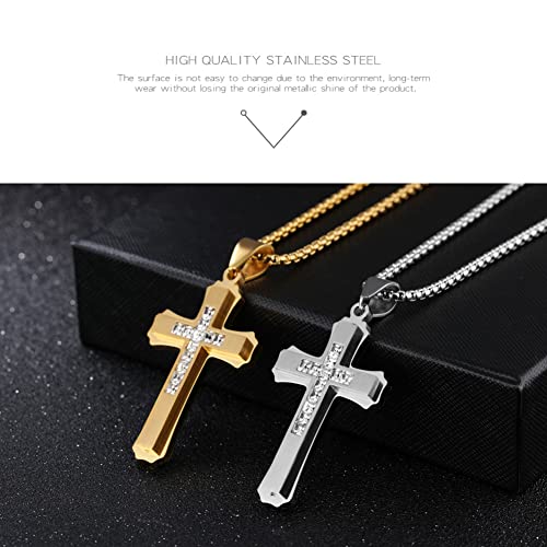 OLEVS Men's Cross Pendant Necklace Large Stainless Steel Cross Pendant Necklace for Men Women - color: silver crystal