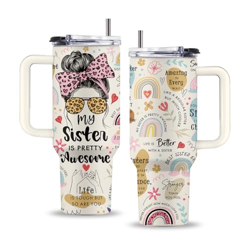 Sister 40oz Tumbler, with Handle Straw, Stainless Steel Coffee Cup - color: Sister