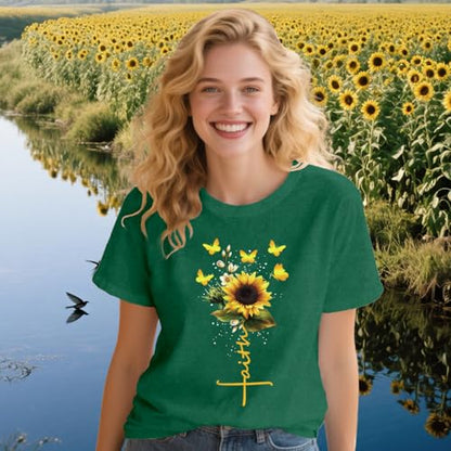 Womens Christian Shirts Faith Cross Sunflower Butterfly T-Shirt Bible Verse Religious Tee Tops - color: Green, size: X-Large