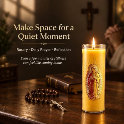 Virgen de Guadalupe Beeswax Pillar Candle, 68Hr Burn, 1 Pack - color: Yellow