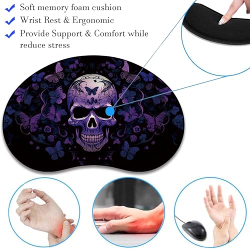 Mouse Pad 9.4"x7.9" + Wrist Support Pad + Embroidered Cup Pad Non-Slip Set, Ergonomic Mouse Wrist Support Pad, Suitable for Office/Gaming/Home Use, Skull Butterfly - color: Skull Butterfly