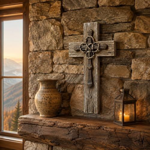 Comfy Hour 13 Inch Wall Cross, Rustic Faux Wood Decor