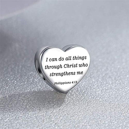 Heart Charm Fit Pandora Charms Bracelet Christian Bible Verse Charm Prayer Faith Religious Charms Gifts for Women - style: I can do all things through Christ who strengthens me Philippians 4:13