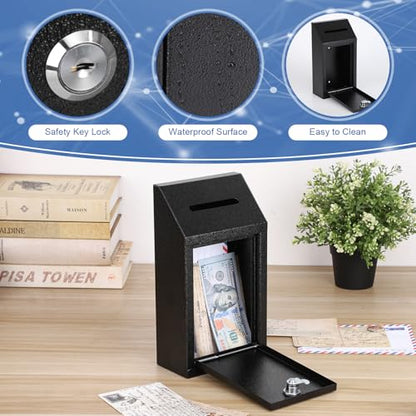 KYODOLED Metal Cash Box for Farm Stand, Money Drop Box with Lock & Slot - color: Black, size: 10.24 x 5.7 x 2.95 Inch