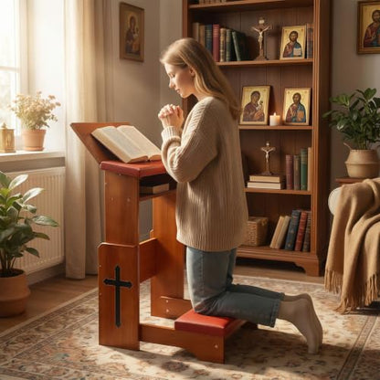 Fanwer Prayer Kneeler Bench with Foldable Book Stand, Adjustable Height Kneeling Stool with Storage Space & Thick Cushion, Space-Saving Prayer Chair for Home Church Bible Reading
