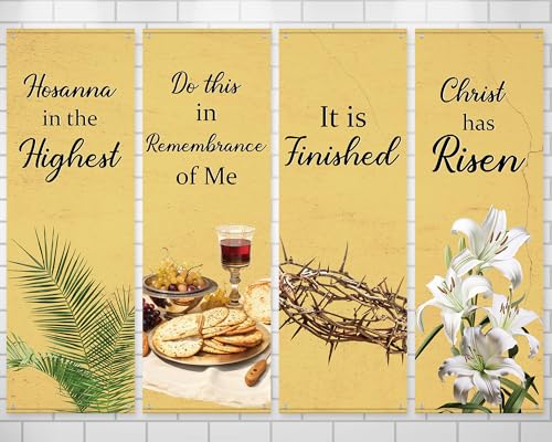 4Pcs Easter Church Banners for Sanctuary Wall Religious Banners Hanging Backdrop Praise Hanging Sign with Scripture Bible Verses Banner Easter Banner for Church School Decor(Retro Warm Yellow) - style: Retro Warm Yellow