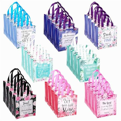 Mowouhn 32 Pcs Flower Christian Gifts Bags with Handles Religious Gifts Bag Bulk for Women, Non-Woven Reusable Bible Verse Scripture Tote Baptism Church Holiday Inspirational Christian Party Favor