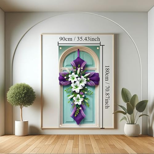 Easter Door Cover Banner 71 x 35 Inch Purple Cross with White Lily Design Religious Christian Front Door Indoor Outdoor Decoration - color: Cross #5