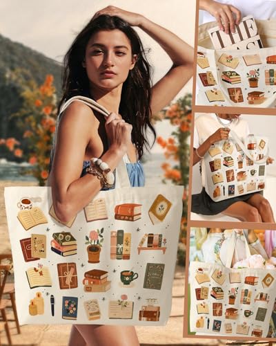 Miss Adola Large Tote Bag for Women - Canvas Tote Bag with Zipper Aesthetic Reusable Shoulder Bag for Gym, Travel, Work - style: Book Coffee