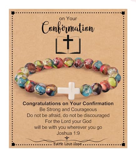 Cross Bracelets for Women, Christian Gifts for Women Stocking Stuffers for Teens Cross Bracelet Imperial Nature Stone Bead Bracelet Confirmation Baptism Gift for Teen Girls Christmas Religious Gift Cathlic Faith Jewelry - color: Colorful