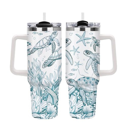 40oz Sea Turtle Tumbler with Straw Handle, Ocean Theme Gifts for Women Girls, Marine Life Stainless Steel Insulated Travel Coffee Mug Drink Cup for Teenagers Youth Birthday Graduation Beach Vacation - color: Sea Turtle-D-177