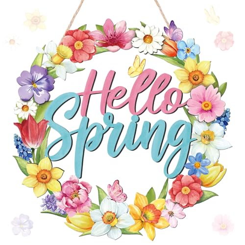 Yalikop Hello Spring Door Sign Door Wreath Wooden Spring Decor Sign Hollow Flower Welcome Hanging Signs Rustic Farmhouse Wall Plaque for Home Room Bedroom Indoor Outdoor Decorations - style: Hello Spring