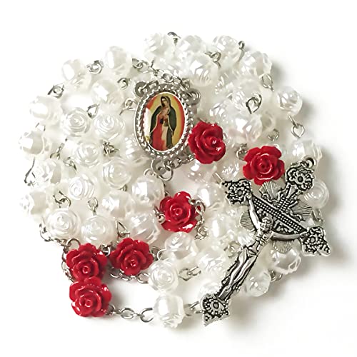 Our Lady of Guadalupe Pearly Rose Rosary Beads Catholic for Women - Catholic Gifts - Rosary Necklace for Women
