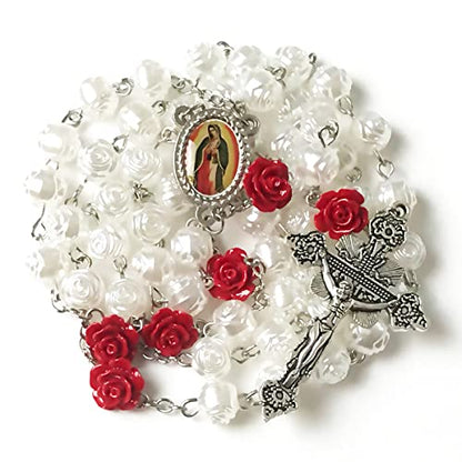 Our Lady of Guadalupe Pearly Rose Rosary Beads Catholic for Women - Catholic Gifts - Rosary Necklace for Women