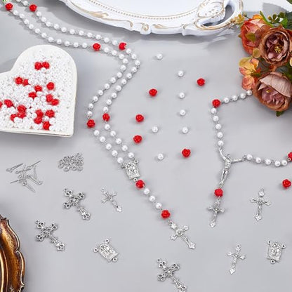 PH PandaHall 1343pcs Rosary Jewelry Making Kit, White Pearl Beads Rose Beads Metal Cross Pendants Links Eye Pins Jump Rings for DIY Bracelets Necklaces Jewelry Making Crafting Easter Decor