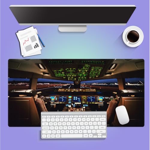 Airplane Cockpit View Large Mouse Pad, Pilot Cabin Jet Dashboard Desk Mat - color: Modern Aviation