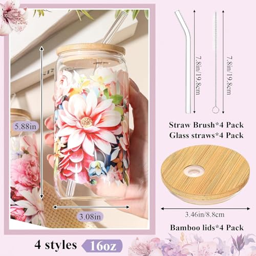 Mumufy 4 Pack Bloom Floral Glass Cup, 16 oz Tumbler Mug with Bamboo Lid - style: Bloom Floral