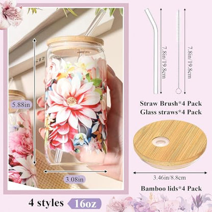 Mumufy 4 Pack Bloom Floral Glass Cup, 16 oz Tumbler Mug with Bamboo Lid - style: Bloom Floral