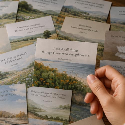 Bible Verse Cards with Wood Stand, 48 Prayer Cards for Daily Display - color: Watercolor 01
