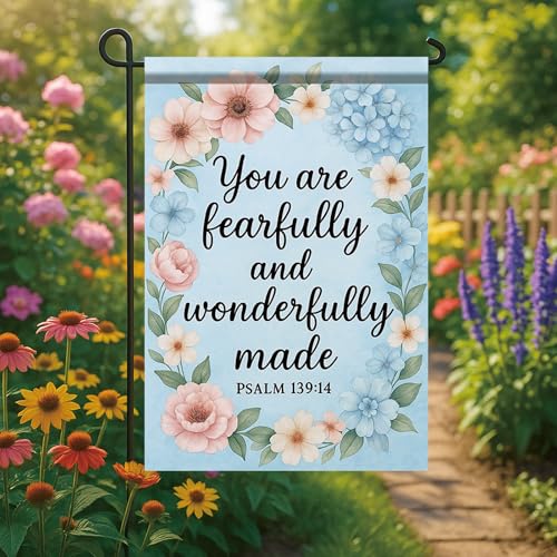 Christian House Flag 28x40 Inch You Are Fearfully And Wonderfully Made Garden Flag Psalm 139:14 Double Sided Floral Wreath Yard Banner Outdoor Porch ration USA Home Garden Church - color: Garden Flag