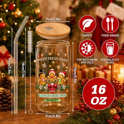 Teenyyou 12 Sets Christmas Glasses Cups with Bamboo Lid and Glass Straw, 16 oz Gingerbread Christmas Glass Jar Drinking Cups, Festive Snowman Elk Coffee Cup for Women Men Xmas Holiday Party Gifts - style: Gingerbread Man