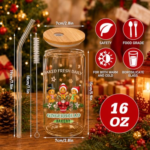 Teenyyou 12 Sets Christmas Glasses Cups with Bamboo Lid and Glass Straw, 16 oz Gingerbread Christmas Glass Jar Drinking Cups, Festive Snowman Elk Coffee Cup for Women Men Xmas Holiday Party Gifts - style: Gingerbread Man