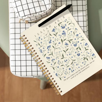 NATSUNO Blue Floral Christian Spiral Notebook Journal 5.5x8.3in - color: White Blue Floral