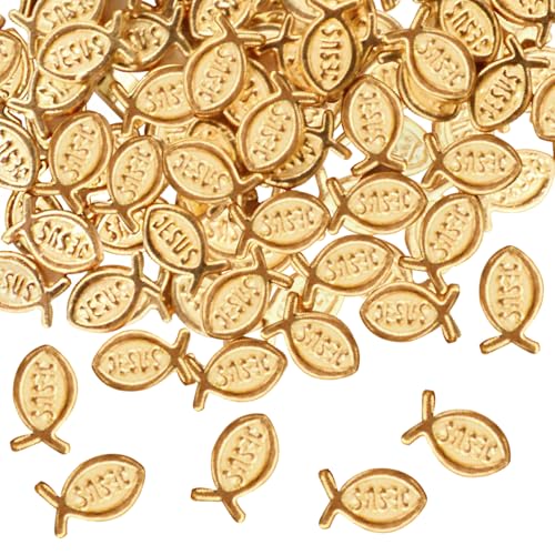 100pcs Jesus Fish Spacer Beads Religious Charm Beads Tibetan Alloy Christian Fish Shape Loose Beads for DIY Bracelet Necklace Jewelry Making Supplies - color: KC Golden
