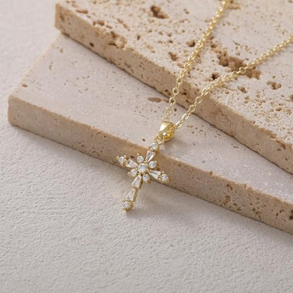 Cross Necklace for Women, Dainty 14K Gold Plated Cross Pendant Simple Long Necklaces for Women, Christian Faith Necklace Trendy Gold Jewelry Gifts for Easter - color: gold zircon cross-1