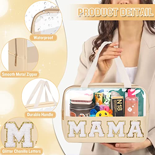 Preppy Clear Mama Makeup Bags with Chenille Letter Patches, Travel Essentials Large Clear Make up Bag Zipper Pouch with Handle, Waterproof Nylon Cosmetic Toiletry Storage Tote for Women (MAMA-Beige) - color: MAMA-Beige