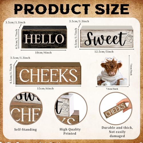 Moucuny 4 Pcs Highland Cow Bathroom Decor Wooden Signs, Farmhouse - style: Bathroom Highland Cow