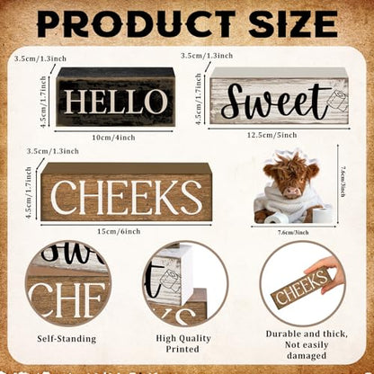 Moucuny 4 Pcs Highland Cow Bathroom Decor Wooden Signs, Farmhouse - style: Bathroom Highland Cow