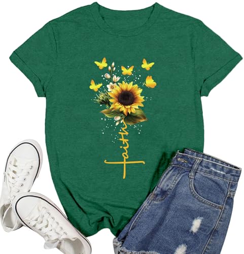 Womens Christian Shirts Faith Cross Sunflower Butterfly T-Shirt Bible Verse Religious Tee Tops - color: Green, size: Medium