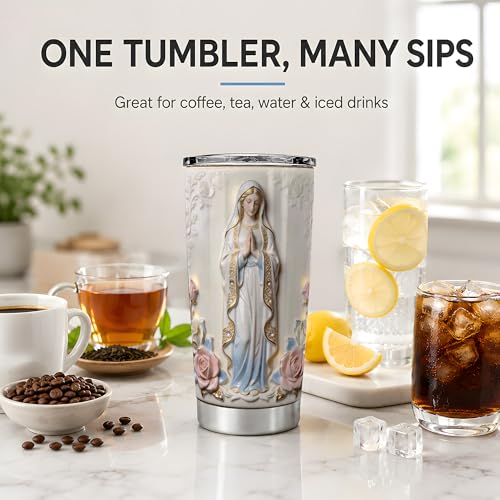 Virgin Mary White Statue Art 20oz Tumbler, Virgin Mary Tumbler for Daily Drinks, Blue Robe Rose Illustration, Catholic Devotional Cup, Religious Design for Women, Men, and Church Use (Steel) - color: Steel