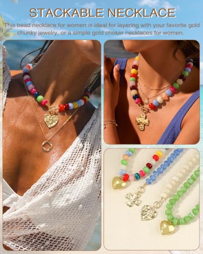 ZHESHY Chunky Beaded Necklaces for Women Heart Cross Statement Necklace - color: Multicolor 1