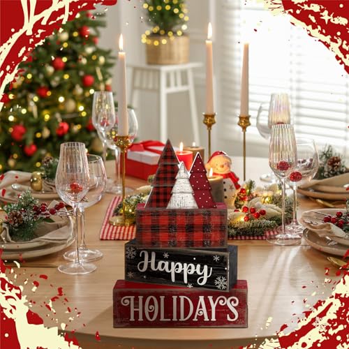Moucuny 4 Pcs Wooden Block Signs Buffalo Plaid Holiday Farmhouse Decor - style: Buffalo Plaid