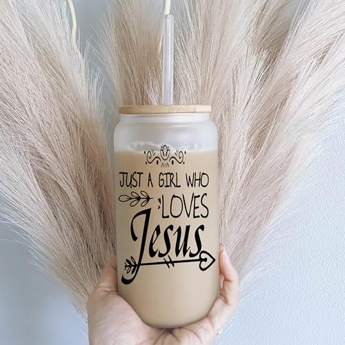 Glass Cup, Christian Gifts for Women - 16 oz Glass Cups w/Lids and Straws, Can Shaped Glass Tumbler for Beer - Personalized, Christmas, Birthday Bridemaids Birthday (JUST A GIRL LOVES JESUS)