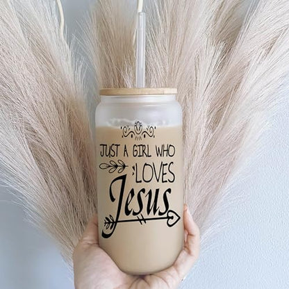Glass Cup, Christian Gifts for Women - 16 oz Glass Cups w/Lids and Straws, Can Shaped Glass Tumbler for Beer - Personalized, Christmas, Birthday Bridemaids Birthday (JUST A GIRL LOVES JESUS)