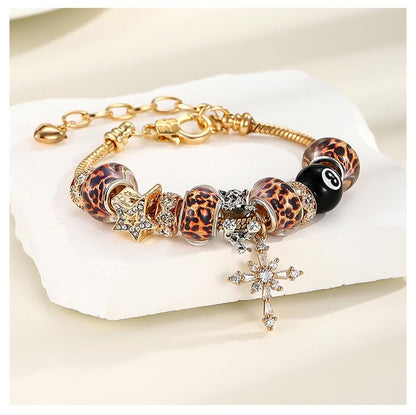 Y2k Charm Bracelet for Women Star Cross 8 Ball Leopard Beaded Bracelet - color: Gold